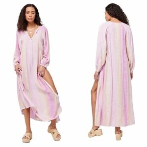L*Space‎ Cassia Maxi Dress Boho Cover Up Size M/L Pink Striped Beach Caftan